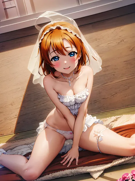 masterpiece, best quality, (((missionary position))), ((lying down)), (((forced sex))), ((futile resistance)), (nsfw), (((NUDE))),alone, {Honoka Takasaka　lovelive:1.15}, blue eyes, Orange Hair,short hair , smile, Open your mouth,(Wedding dress)(,Veil),bouq...