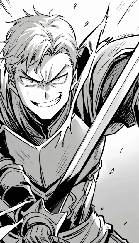 a man in armour with mocking smile swing his sword at left side, black and white manga image.