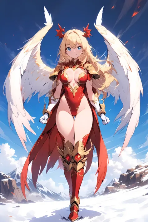 Masterpiece, Best Quality, Extra Detail, 1phoenix girl, perfect body, medium boobs, blue eyes, long hair, blonde hair, smile, armor, red leotard, cleavage, groin, pauldrons, shoulder pads, cape, boots, knee boots, crimson armored boots, mountain, day, blue...