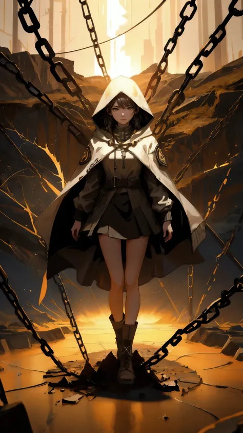 Depict a determined and strong girl with a Bitcoin symbol glowing on her face, rising from a cracked, brown earth landscape. She is wearing a hooded jacket, and her legs and arms are covered in earth and roots, merging with the ground. The background showc...