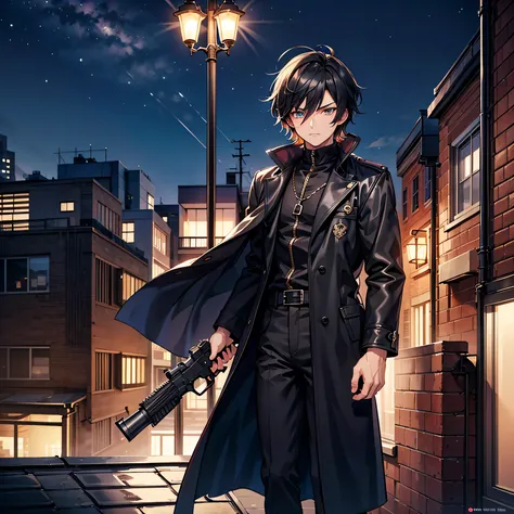 Anime art style,Highest quality,High resolution,Anatomically correct,One Man,Twenty generations,good looking,Spiky hair,Black Hair,A rich expression,Serious expression,Black long coat,Casual innerwear,night,Outdoor,Rooftop,Holding a gun,Eyes drawn in detai...