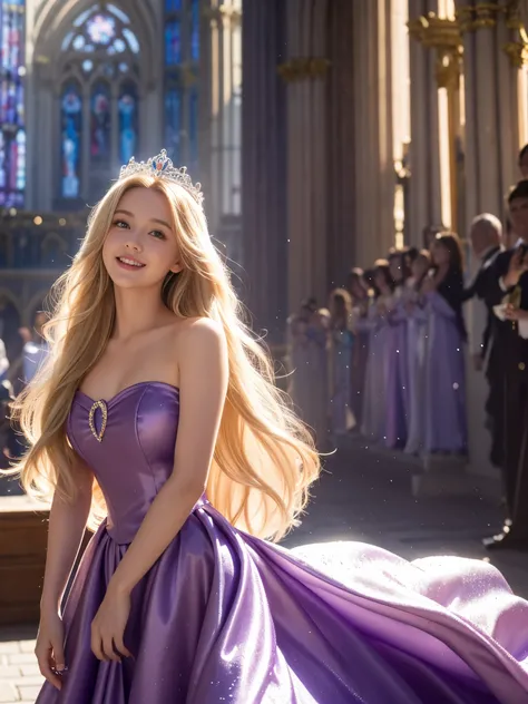 best quality, masterpiece, 1 girl, A huge laugh, cute teen, long blonde hair, shiny lips, sweet, sun glare, Conservative attire, Disney Princess Rapunzel, Purple dress, Bridal Tiara, depth of field, blurred background, Cathedral Background, light particles...