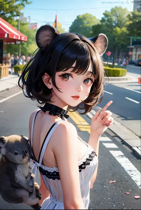 Top quality, highly detailed, UHD, idol, playing at an amusement park, cute and beautiful anthropomorphic koala girl with brown curly bob hair wearing a heart-shaped choker, casual clothes