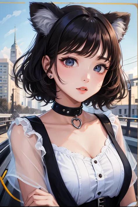 Top quality, highly detailed, UHD, idol, playing at an amusement park, cute and beautiful anthropomorphic koala girl with brown curly bob hair wearing a heart-shaped choker, casual clothes