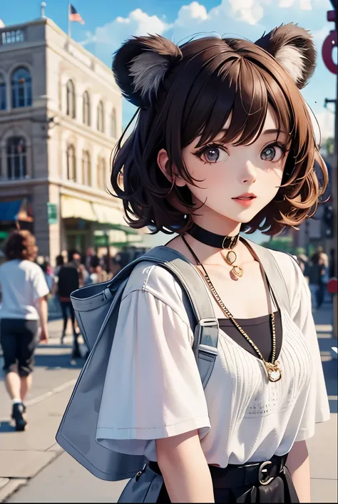 Top quality, highly detailed, UHD, idol, playing at an amusement park, cute and beautiful anthropomorphic koala girl with brown curly bob hair wearing a heart-shaped choker, casual clothes