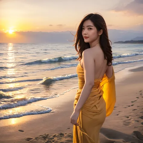 (masterpiece, best quality:1.2, 8k RAW photo, 1girl, solo, natural soft lighting), on the beach, enjoying sunset, wind flows, wearing beautiful colorful goddess clothes, sea serpent