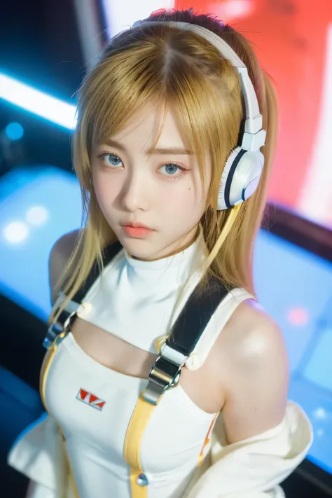 (Overhead view),dynamic angle,ultra-detailed, illustration, close-up, straight on, 1girl, 
 ((souryuu asuka langley, interface headset, red bodysuit:1.4, blonde)),Her eyes shone like dreamy stars,(glowing eyes:1.233),(beautiful and detailed eyes:1.1),(expr...