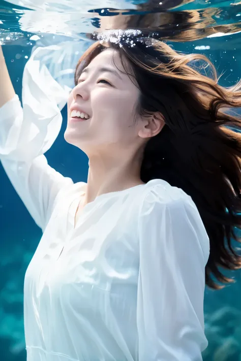 In the deep sea where only air bubbles float, A slender Japanese woman, 30 years old, is facing forward, spreading her arms toward the water and taking a deep breath. Detailed face, detailed eyes, Wearing a white shirt, Healthy and clean, A funny expressio...