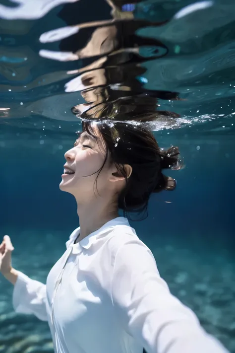 In the deep sea where only air bubbles float, A slender Japanese woman, 30 years old, is facing forward, spreading her arms toward the water and taking a deep breath. Detailed face, detailed eyes, Wearing a white shirt, Healthy and clean, A funny expressio...