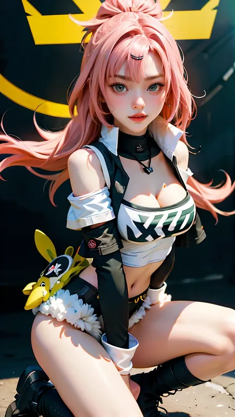 A girl cosplaying as the character sakura from the anime naruto shimpudder. She has long pink hair, a bandana tied in white, a green ninja vest, naruto shimpudder-like costume, Slightly open neckline, red color outfit with black, bright green eyes, tight b...