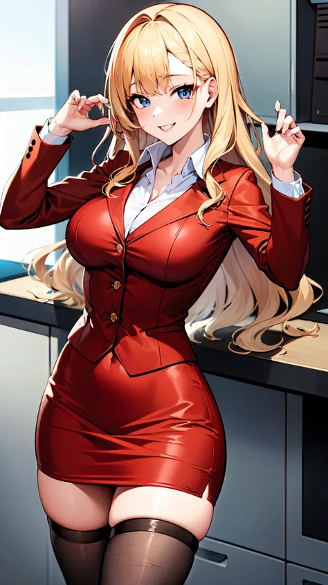 （（super high quality,））（（Ultra-high resolution,））（16K,）（super masterpiece,）（（Ultra HD ,））（Detailed shading,）One sexy office lady, Strongly wavy long blonde hair,popped Tight collar Red Suits,Long sleeve,Red tight skirt,Black Stockings,smile,