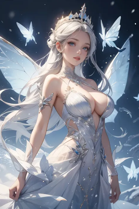 the snow queen, she wearing long silver glittering dress , big breasts，the ice crown on her head,background is ice snakes and ic...