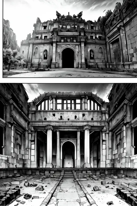 in line art, manga style. a hall of a ruined castle. destructive ruins