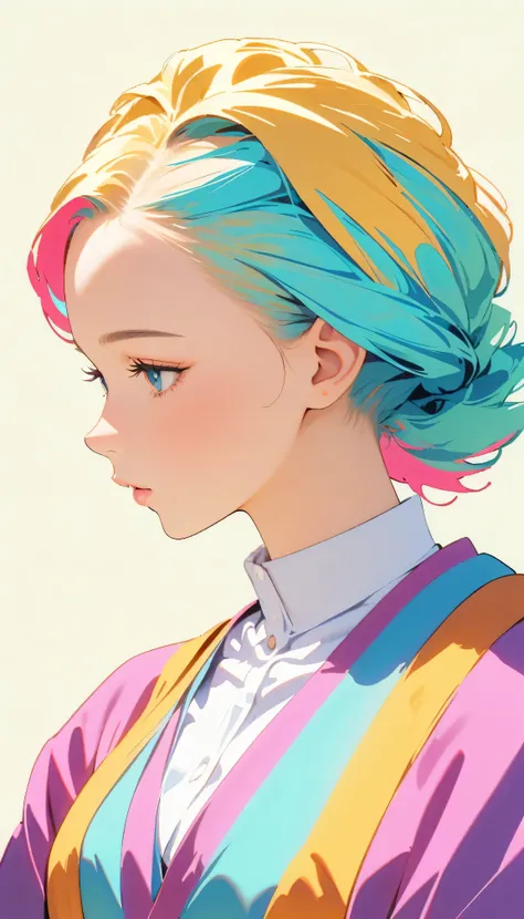 (Highest quality:1.2, City Pop Style, Very detailed, Latest, Vibrant, High Contrast, masterpiece:1.2, Highest quality, Best aesthetics), Colorful Hair, pastel colour, 1980s style, ((Retro, Vintage, Plain background)), dynamic, The wind is blowing