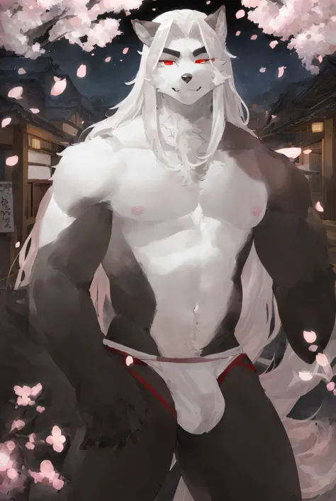 ((best quality)), ((masterpiece)), White long haired werewolf , male , Upper body naked, Slim body, Black body , White belly , White Face , An erect crotch , White Japanese loincloth , Gentle eyes, Red eye makeup , Seductive pose, Moonlit Japanese town wit...