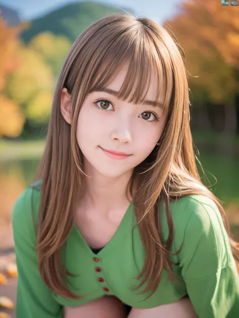 (Close up face shot of one slender small breasts half up blonde long hair with bangs girl in a autumn fashion shirt and sweater:1.5)、(One blonde hair girl is leaning forward with small smile on the dart road near the lake and big waterfall:1.5)、(Beautiful ...