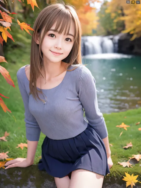 (Close up face shot of one slender small breasts half up blonde long hair with bangs girl in a autumn fashion shirt and sweater:1.5)、(One blonde hair girl is leaning forward with small smile on the dart road near the lake and big waterfall:1.5)、(Beautiful ...