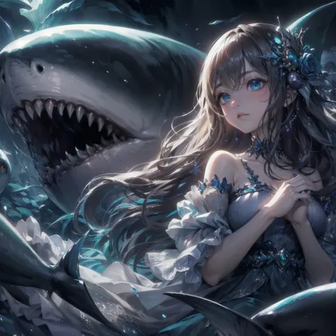  masterpiece, (textured skin), best quality, gorgeous beautiful, (a beautiful girl,mermaid,),scarryin undersea,detailed clothes,large breasts,narrow waist,, (beautiful face), cinematic lighting, (fantasy anime art ),