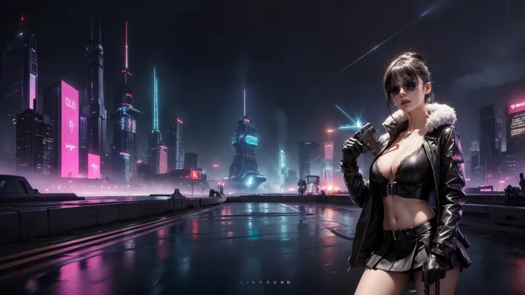 (Wide angle view). Blade Runner style futuristic city, simple outlined transparent neon tall buildings, glowing giant clock tower, flying cars, helicopter, lightning, 3D rendering Beeple. At night, (1girl, solo, alone), photorealistic, medium-breast slim:0...