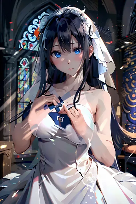 blue eyes、 A kind expression, ,Hand-held cross, justice, Attention to detail,Priest,Prayer Pose、clear、Wedding dress