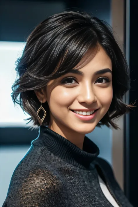 Super Resolution、Beautiful Iranian women、Short Haircut、Wavy Hair、smile、Ear piercing、The background is gray space
