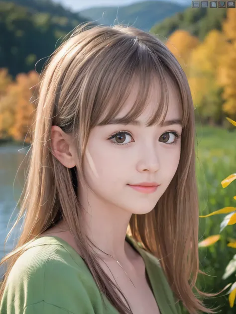 (Close up face shot of one slender small breasts half up blonde long hair with bangs girl in a long sleeves shirt and sweater:1.5)、(One blonde hair girl is leaning forward with small smile on the dart road near the lake and big waterfall:1.5)、(Beautiful au...