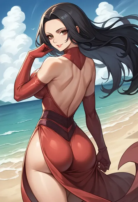 source_anime, best quality, clear face, Boa hanckock, black hair, Brown eyes, long hair, large breasts, perfect body, looking at viewer, smile, scarlet witch from Marvel uniform, sexy, in the beach, standing, dynamic angle, from behind view, big ass