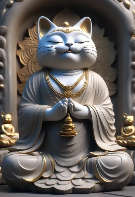 ((Masterpiece)), ((Best Quality)), (Very Detailed), ((Very Detailed)), 4K, (8K), very aesthetic, absurdres highres, Buddha Cat, Zen Buddha meditating cat, stone statue,