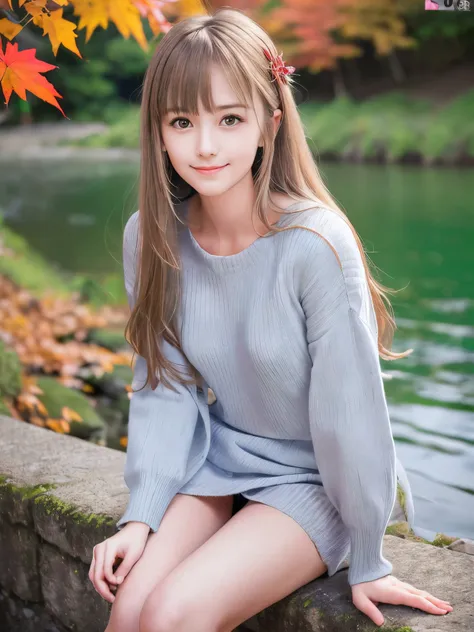 (Close up face shot of one slender small breasts half up blonde long hair with bangs girl in a long sleeves shirt and sweater:1.5)、(One blonde hair girl is leaning forward with small smile on the dart road near the lake and big waterfall:1.5)、(Beautiful au...