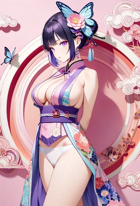 A mesmerizing surreal illustration of a young japanese woman resembling Shinobu Kouchou. She has black hair, purple eyes, a butterfly hair ornament, and wears a vibrant pastel colored outfit adorned with intricate floral patterns. She has a smooth, warm co...