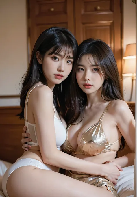 Two Korean women intertwined in sexy underwear on bed, Two instagrammers, Face resembles Enako, Large breasts, Bewitching Korean woman, Bitch, (8k, Raw, Top Quality, Masterpiece: 1.2), (Realistic, Realistic: 1.37), Ultra High Resolution, droopy eyes, big t...