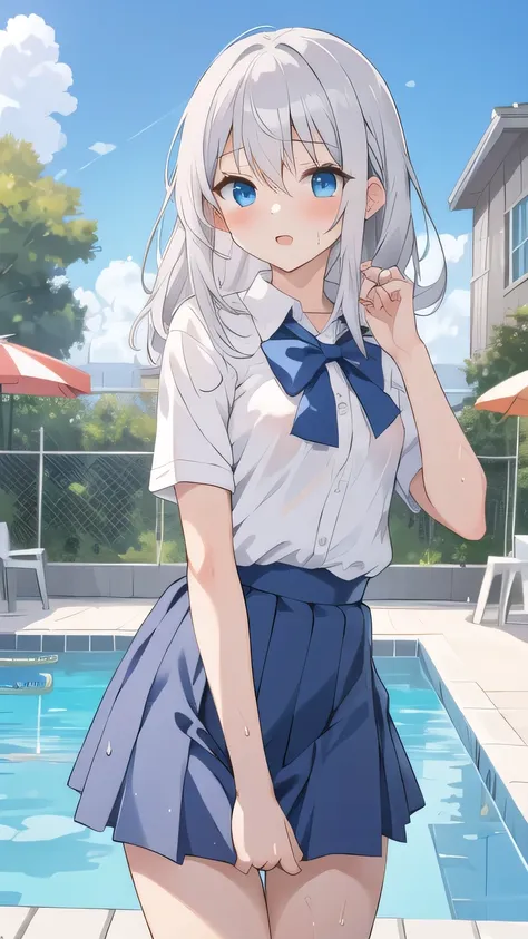 cute girl, アニメ, silver hair, straight hair, Blue eyes, outdoor, cowboy shot, pool, shine, Wet, sex, sex, sex, small bust, white school uniform, short sleeve