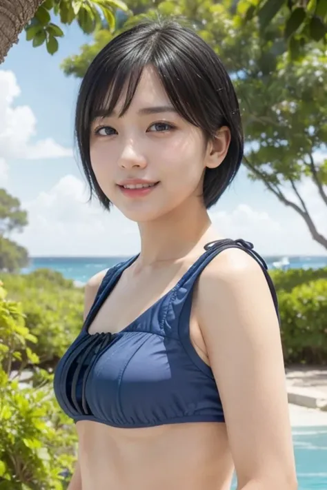 (blue bandeau bikini, beach:1.3), (natural lighting:1.3), 8k, RAW photo, best quality, masterpiece, realistic, photo-realistic, clear, beautiful face, no makeup, best quality, ultra high res, BREAK, Japanese cute girl, , (short cut hair:1.2), smile, standi...