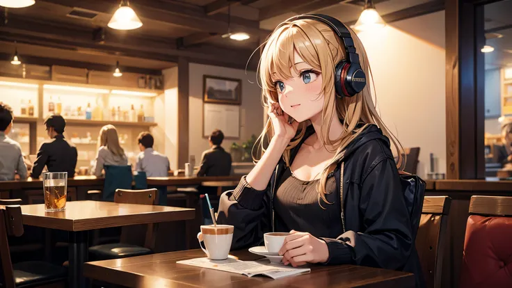 Girl with headphones enjoying music in a cafe I am studying Emphasize a little bit of the chest