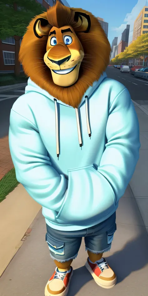 Alex the Lion, muscular body, big biceps, extremely beautiful and cute face, perfectly detailed blue eyes with white sclera, perfectly detailed black pupils, wears cyan sweatshirt, denim cargo shorts, sneakers, streets background, selfie, friendly look, sm...