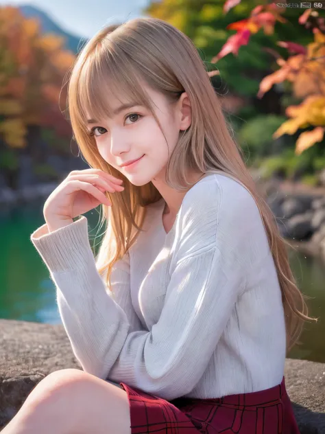 (Close up face shot of one slender small breasts half up blonde long hair with bangs girl in a long sleeves shirt and sweater and skirt:1.5)、(One blonde hair girl is leaning forward with small smile on the dart road near the lake and big waterfall in Japan...