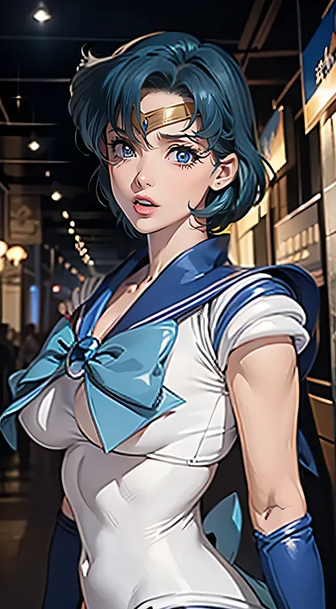 masterpiece, Highest quality, Absurd, Perfect Anatomy, One person,chest,gloves,lips,alone, Sailor Mercury,blue eyes,uniform,Mel 1,tiara,Sailor Warrior Uniform,masterpiece,Absurd,Cowboy Shot, Dynamic posture, The background is space (Amazing details, Excell...