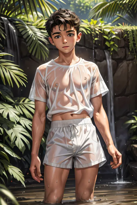 (highest quality, masterpiece, 4k, photograph, fine:1.4), (very handsome young boy in soaked white short nylon shorts:1.3), gard...