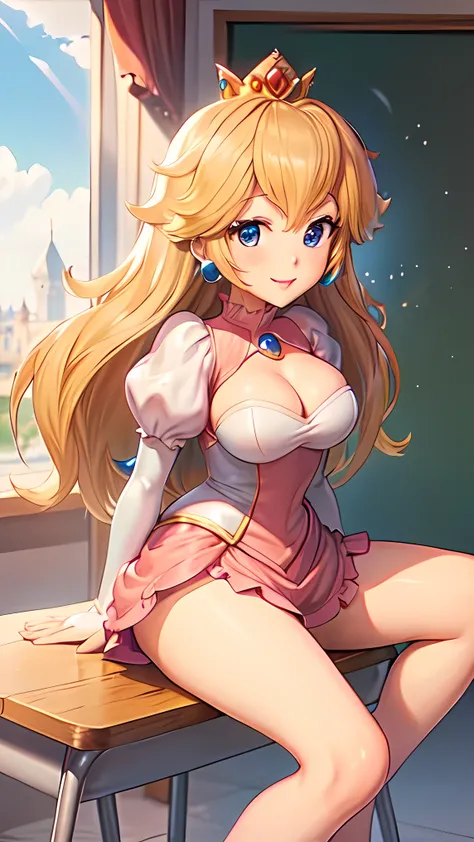 princess peach ,best quality ,masterpiece ,a girl,solo,smile,shy,full body,(spread legs),large breasts,hands behind back,arms behind body,sitting on a school chair,in a high school classroom,tiny clothes