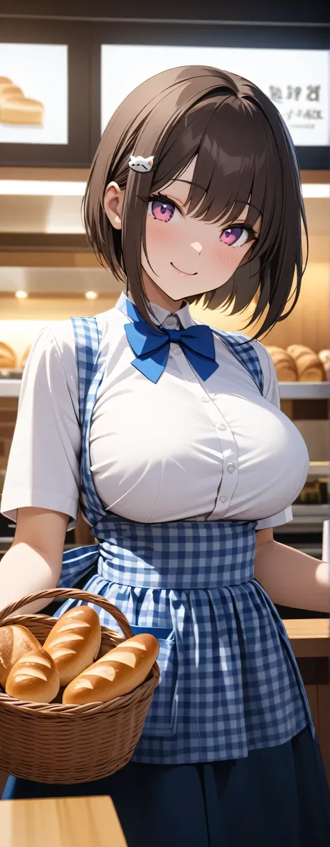 anime girl in a blue and white dress holding a basket of bread