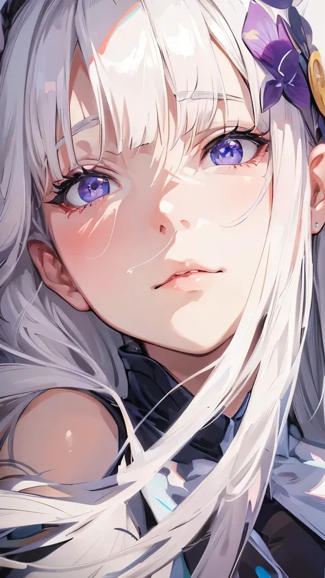 Girl, close up potrait, white hair, wind blown hair, purple eye, detailed eye