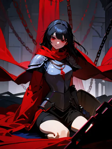 Knight Rohit, black hair, red eyes, cool, red shawl, smile, black iron armor, woman, kneeling, chains