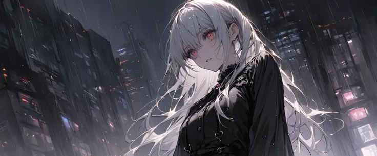 Super Detail, Attention to Detail, High Quality, Top Quality, High Resolution,A full-body view of a psychopathic young woman in her 20s with long silver hair, standing in the pouring rain at night. She is dressed in a glossy black gothic mini skirt, a styl...