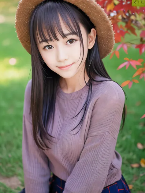 (Close up face shot of one slender small breasts half up brown long hair with bangs girl in a long sleeves shirt and sweater and skirt:1.5)、(One girl is leaning forward with happy smile on the dart road near the lake and big waterfall in Japan:1.5)、(Beauti...