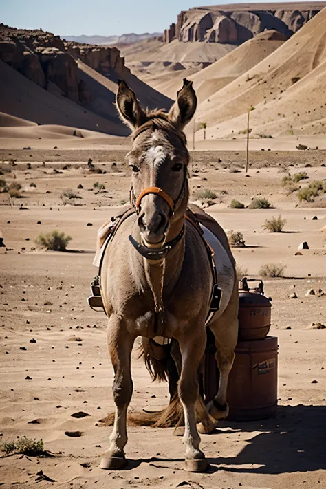 Stranded donkey in a desert ladden with heavy gallons