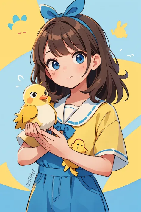 a brown-haired, blue-eyed girl with a yellow chick bows in thanks.