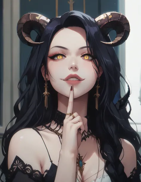 a demonic and seductive looking anime character, with black wings, long dark flowing hair, bright golden eyes, and curved horns ...