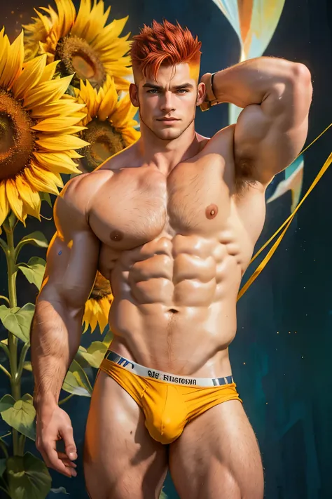 an epic handsome red haired kj apa with a mohawk, pale skin, muscular, lean, big hairy chest, wearing a tattered yellow string underwear, in an abstract sunflower abstract expressionism background.