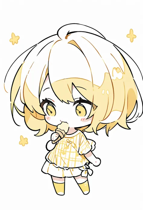 ((chibi)), ((illustration)), line art, girl, solo, (white background), eating ice cream, wearing yellow clothes