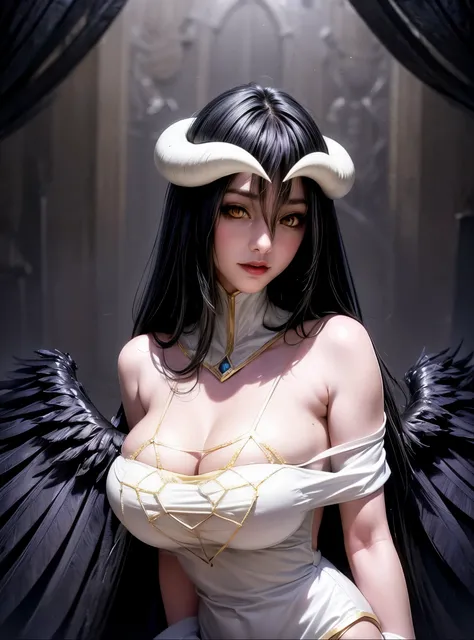 A demonic and seductive looking anime character, with black wings, long dark flowing hair, bright golden eyes, and curved horns like those of a ram. has pale skin, a mischievous smile and a playful and mysterious expression, holding a finger to his lips as...